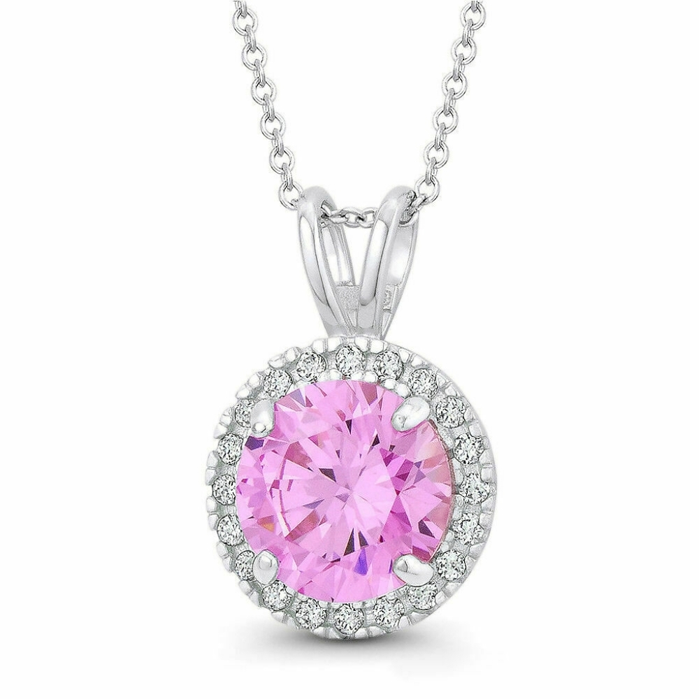 14k Gold Round Pink Created Diamond Halo Pendant
